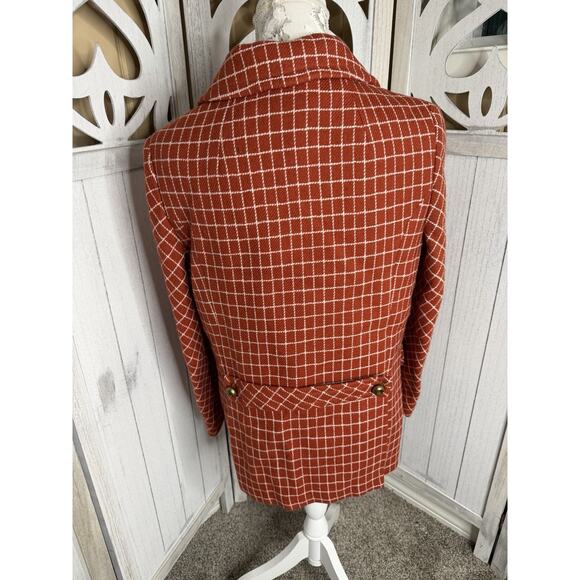 Vintage Wool Peacoat Orange White Checkered 60s 70s Union Made Size Medium - Picture 8 of 10